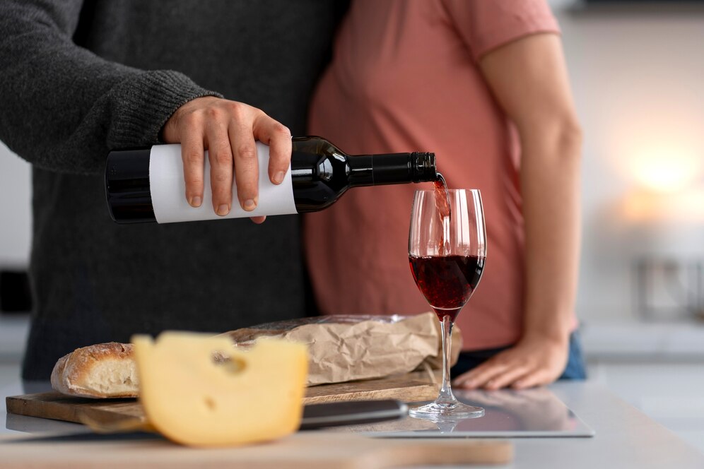 Pareja sirviendo vino tinto en una copa, acompañados de pan y queso en una mesa moderna. Ideal para una cena romántica o una noche de degustación.