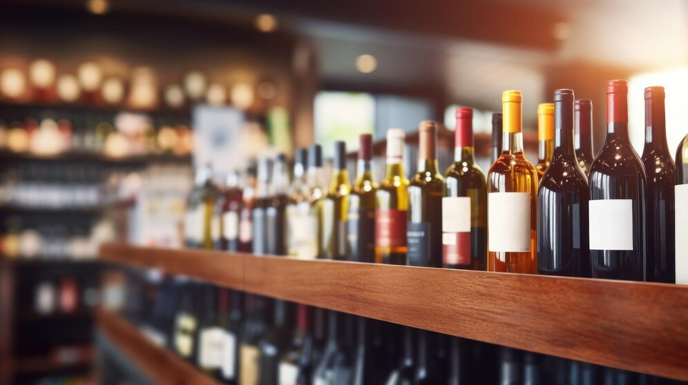 Estante de madera con varias botellas de vino de diferentes colores y estilos en un ambiente de tienda de vinos.