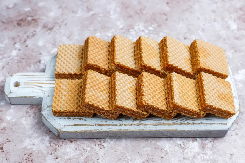 Galletas de oblea apiladas en una tabla de madera, mostrando su textura crujiente y color dorado. Ideal para acompañar café o té.